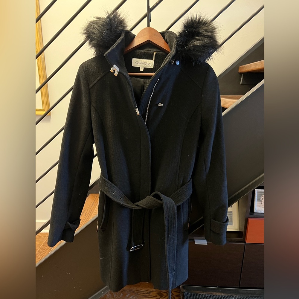 Calvin Klein belted jacket with fur hood